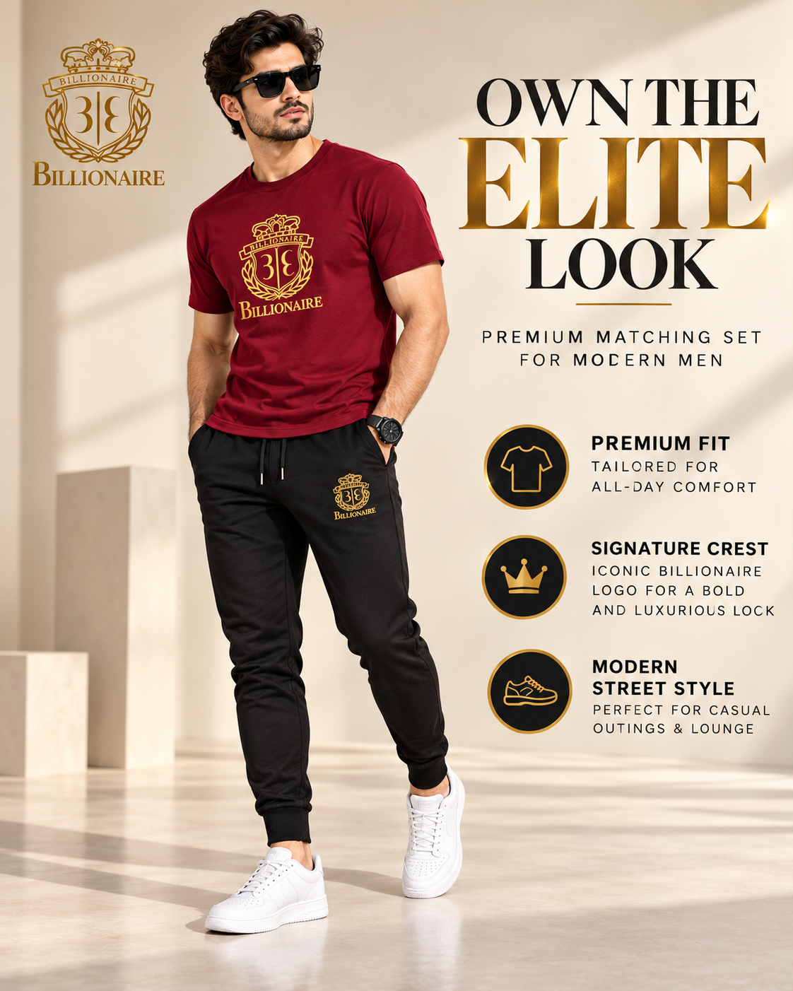 Billionaire Royal Crest | Men's Maroon T-Shirt & Black Joggers Set (1) track suit