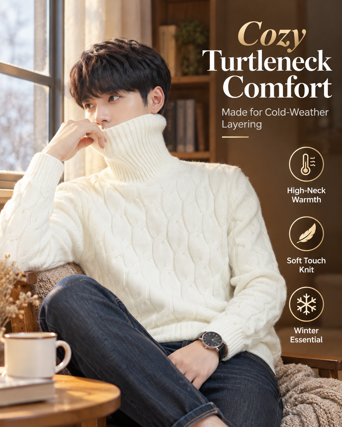 Menβs Premium Ivory White Cable Knit Turtleneck 26 Sweater