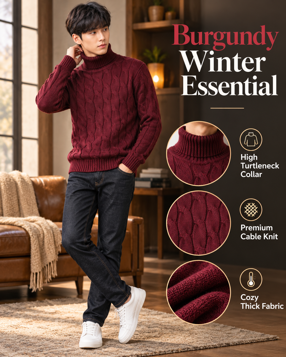 Menβs Premium Burgundy Cable Knit Turtleneck 27 Sweater