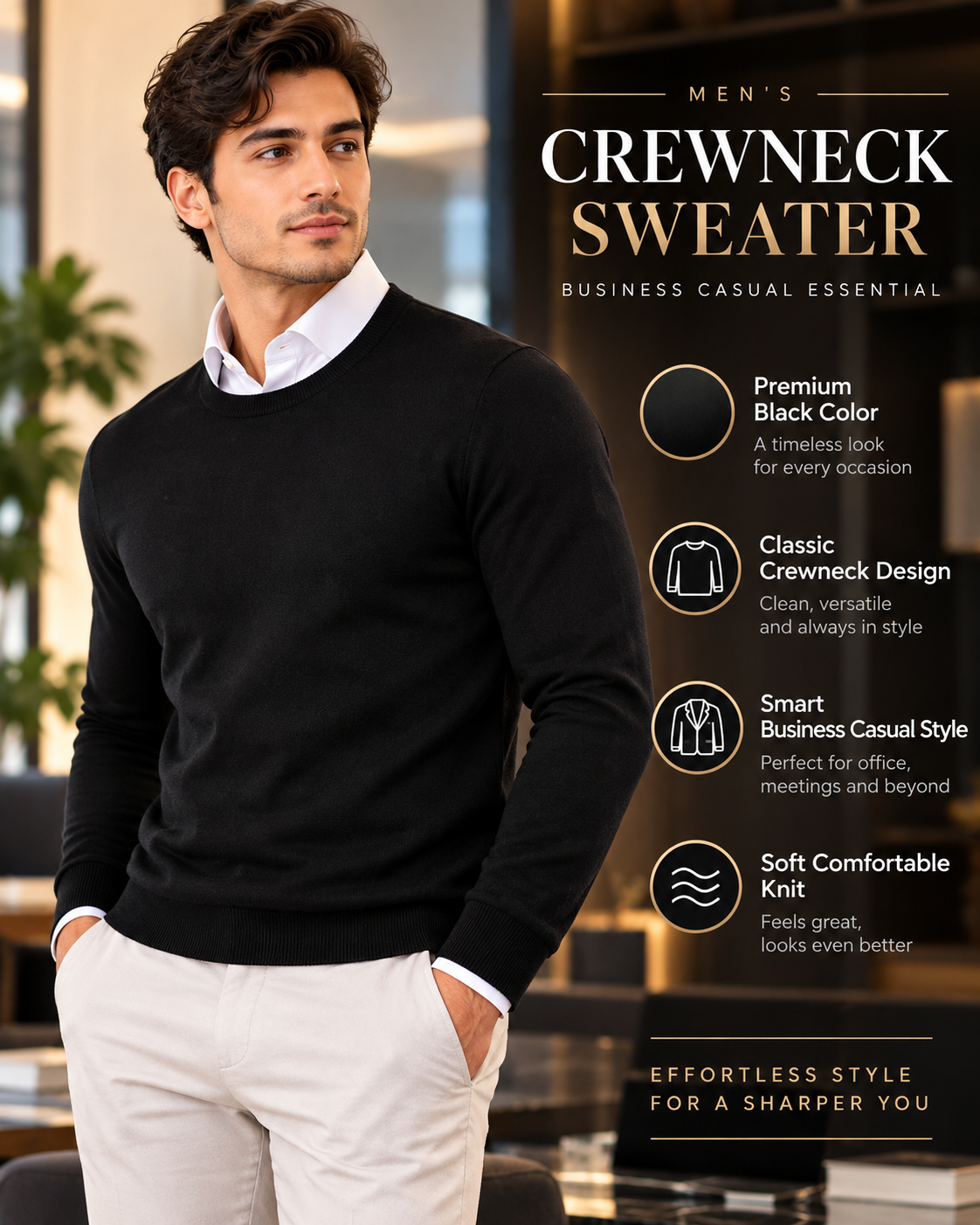 Menβs Premium Jet Black Crew Neck Knitted 31 Sweater