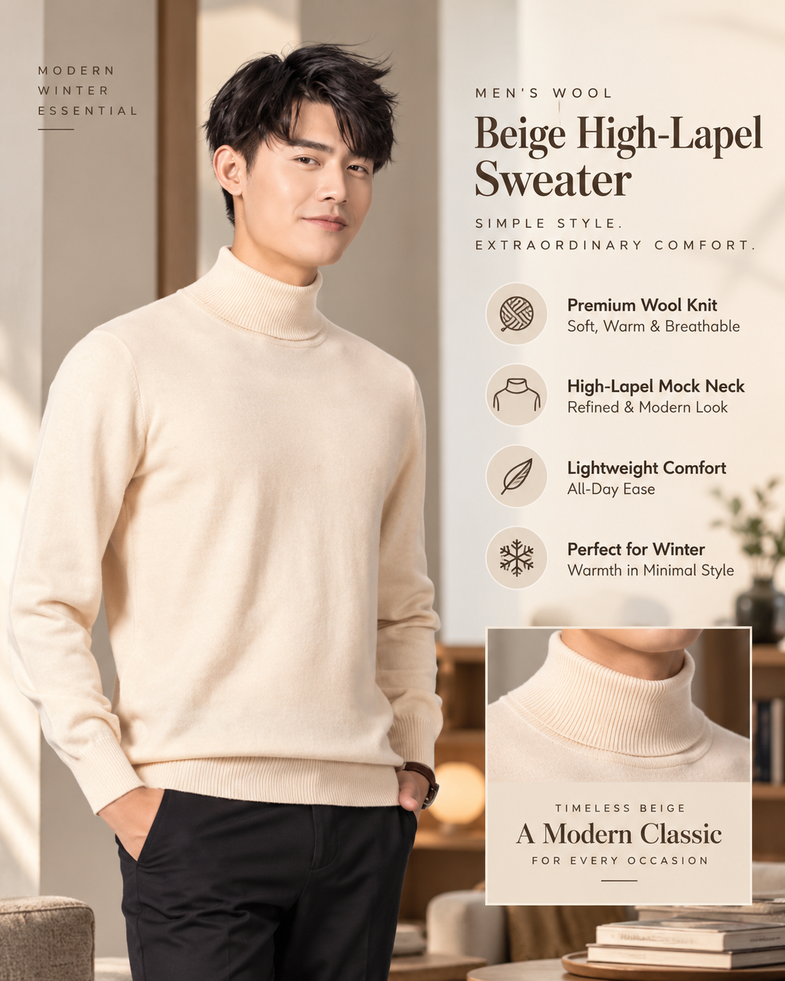 Menβs Premium Cream Beige Turtleneck Knitted 32 Sweater