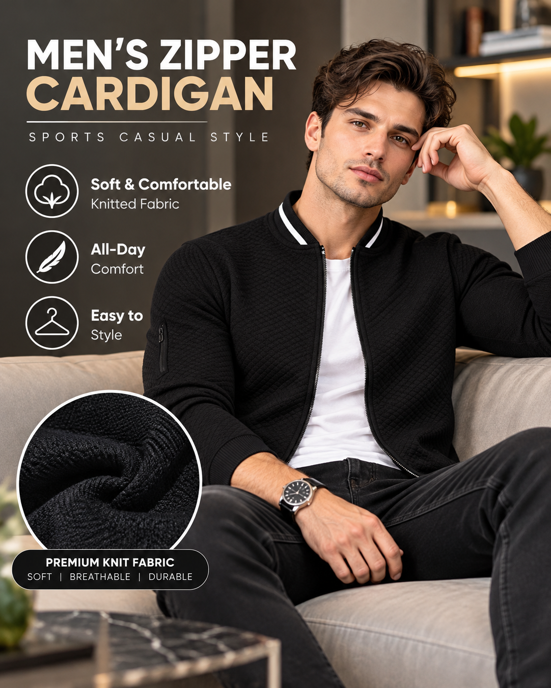 Menβs Premium Jet Black Full-Zip Knitted 36 Sweater