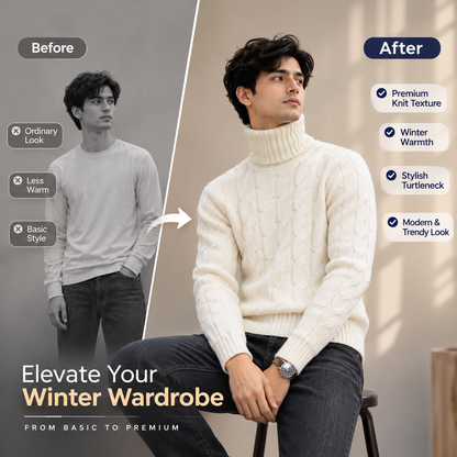 Men’s Premium Ivory White Cable Knit Turtleneck       26 Sweater