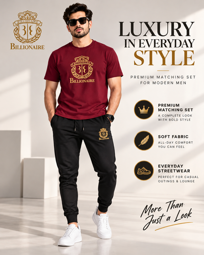 Billionaire Royal Crest | Men's Maroon T-Shirt & Black Joggers Set    (1) track suit