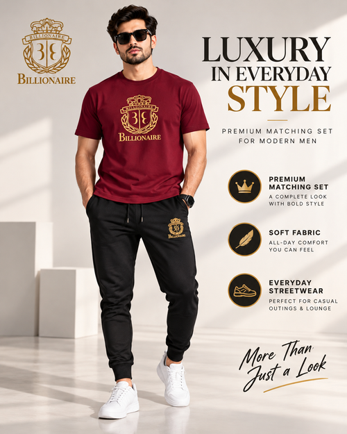 Billionaire Royal Crest | Men's Maroon T-Shirt & Black Joggers Set    (1) track suit