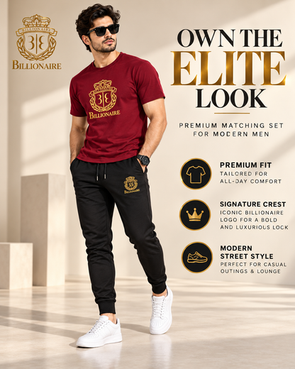 Billionaire Royal Crest | Men's Maroon T-Shirt & Black Joggers Set    (1) track suit