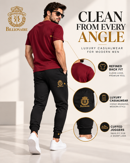 Billionaire Royal Crest | Men's Maroon T-Shirt & Black Joggers Set    (1) track suit