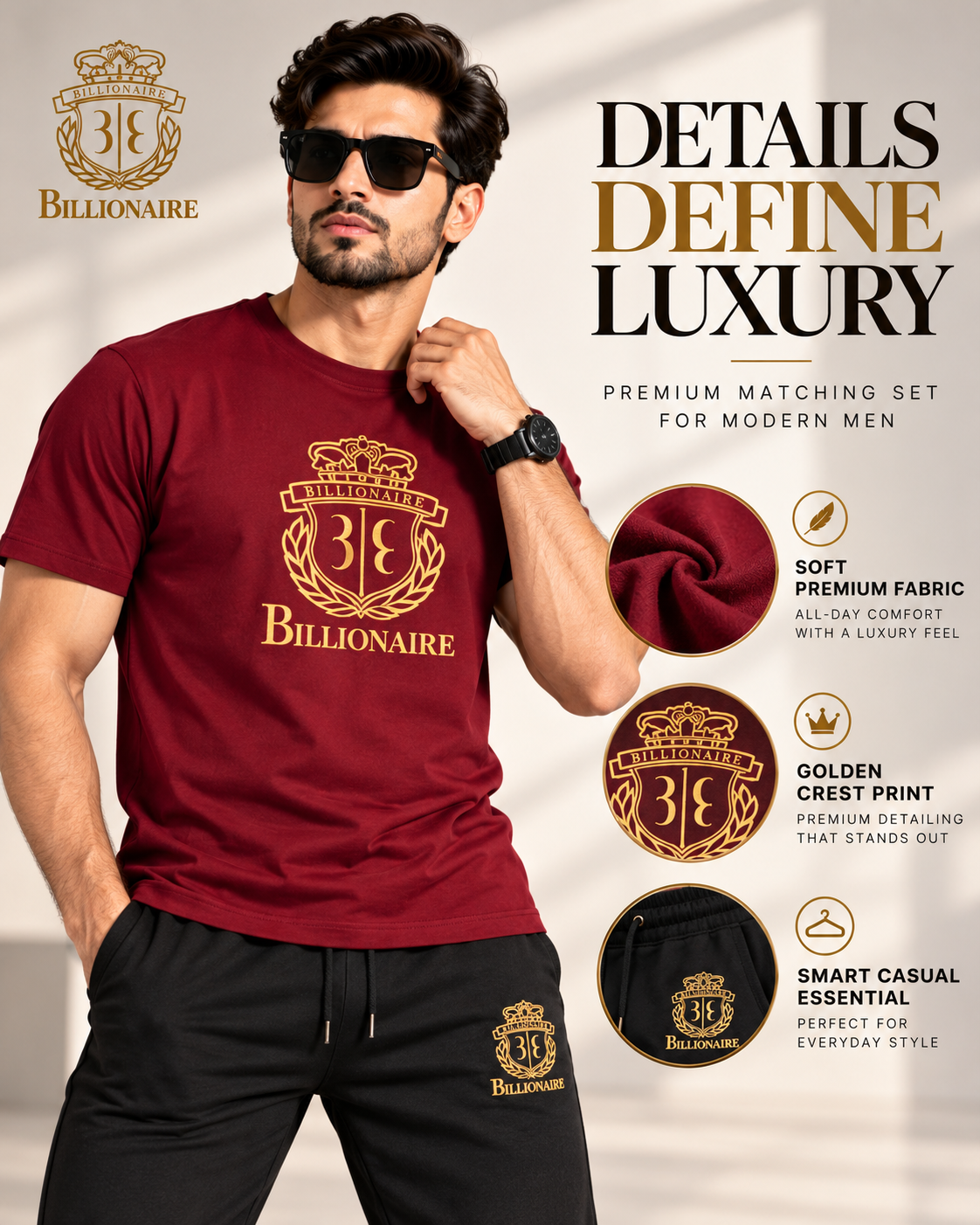 Billionaire Royal Crest | Men's Maroon T-Shirt & Black Joggers Set    (1) track suit