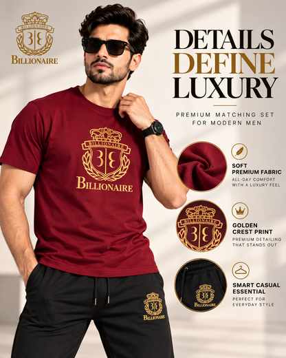 Billionaire Royal Crest | Men's Maroon T-Shirt & Black Joggers Set    (1) track suit