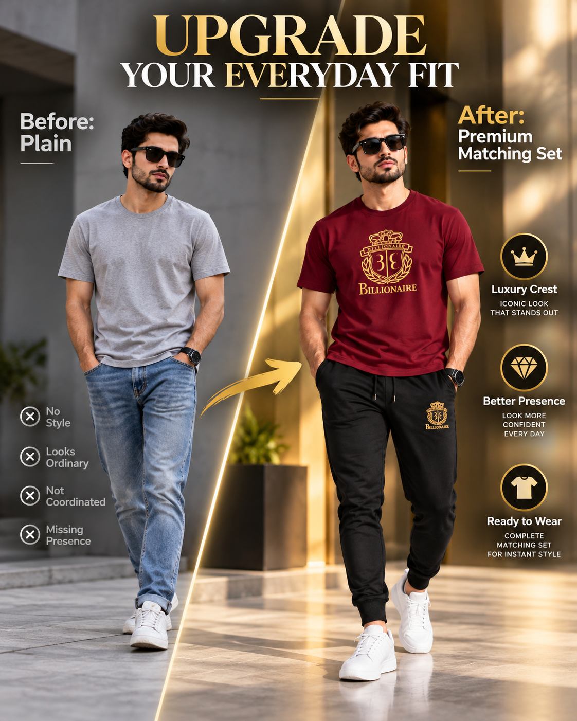 Billionaire Royal Crest | Men's Maroon T-Shirt & Black Joggers Set    (1) track suit