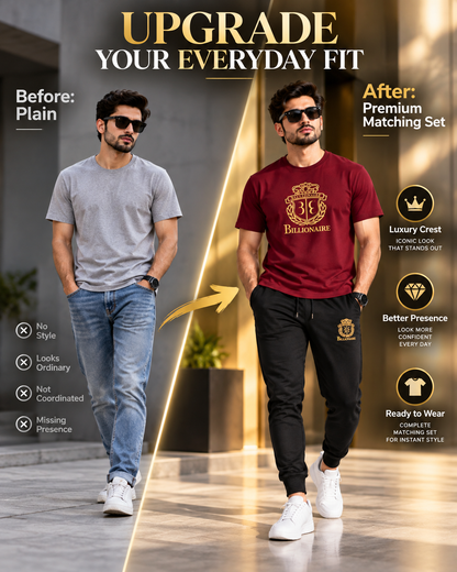 Billionaire Royal Crest | Men's Maroon T-Shirt & Black Joggers Set    (1) track suit