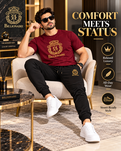 Billionaire Royal Crest | Men's Maroon T-Shirt & Black Joggers Set    (1) track suit
