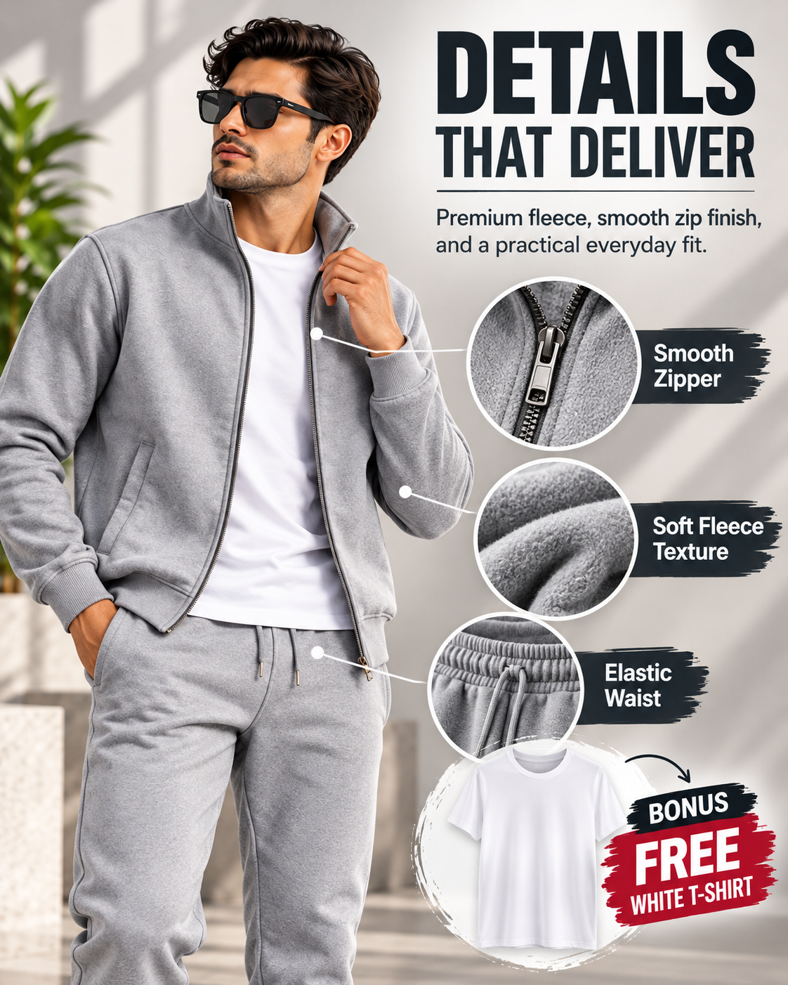 UrbanFleece Pro™ – Men's Premium Grey Fleece Zipper + FREE White T-Shirt  (2)track suit