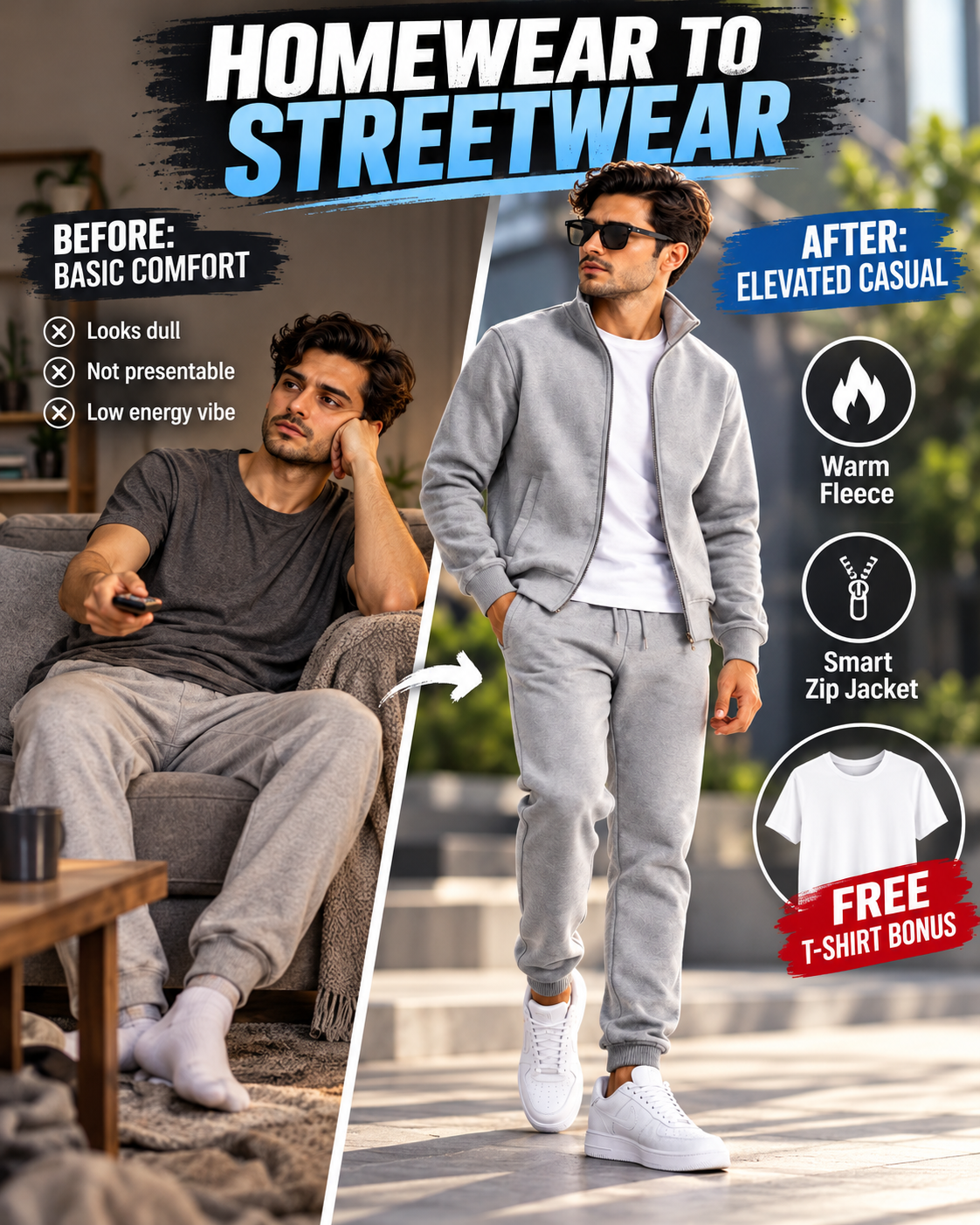 UrbanFleece Pro™ – Men's Premium Grey Fleece Zipper + FREE White T-Shirt  (2)track suit