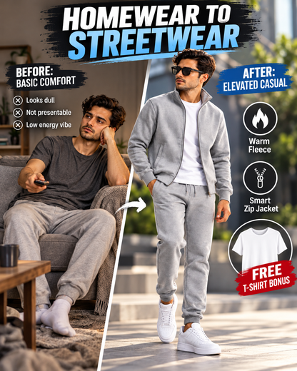 UrbanFleece Pro™ – Men's Premium Grey Fleece Zipper + FREE White T-Shirt  (2)track suit
