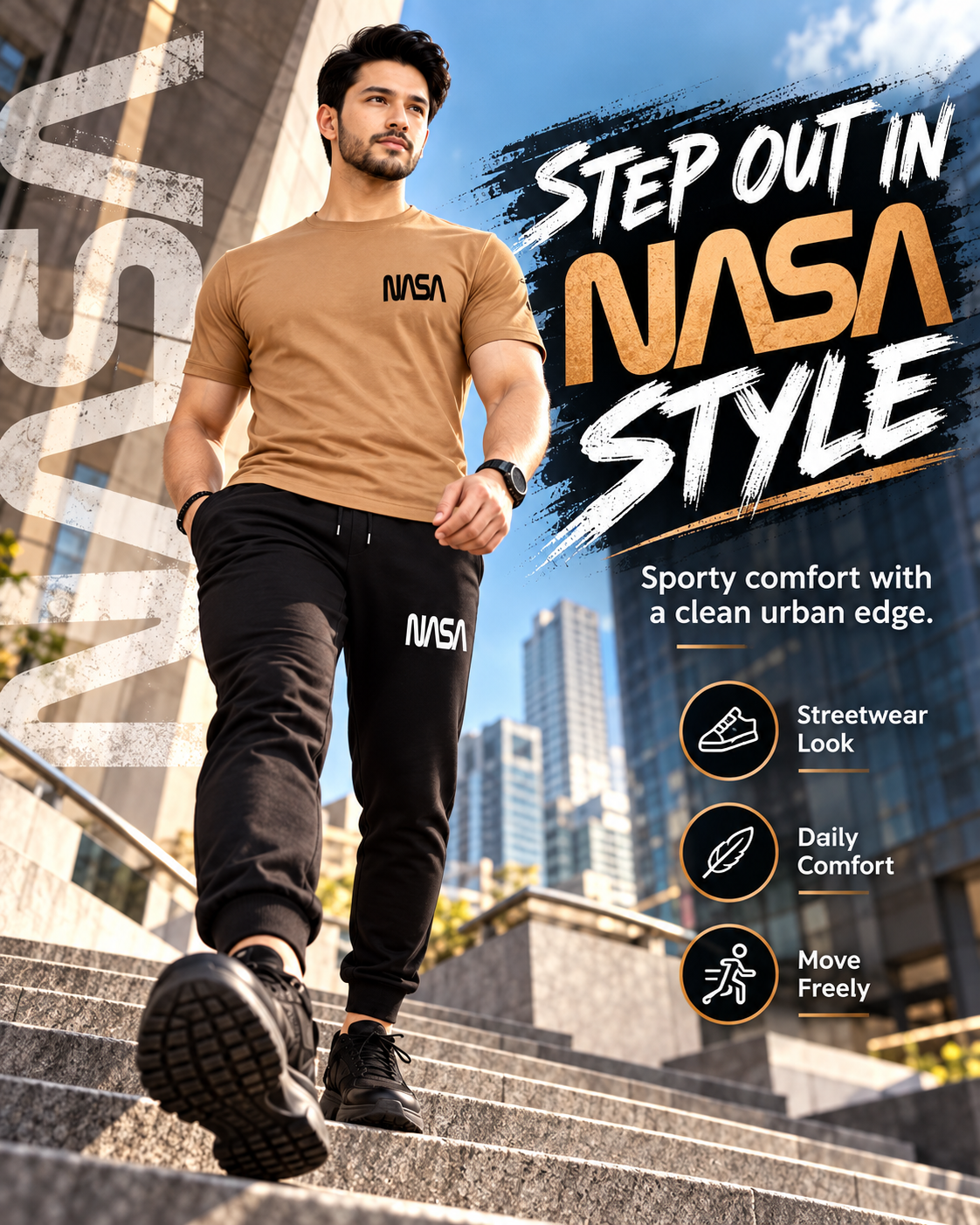 NASA UrbanFlex | Men's Brown T-Shirt & Black Joggers Set    (3)tracksuit