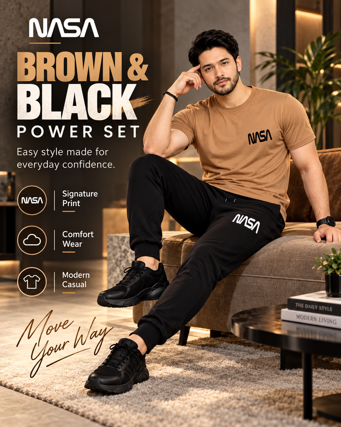 NASA UrbanFlex | Men's Brown T-Shirt & Black Joggers Set    (3)tracksuit