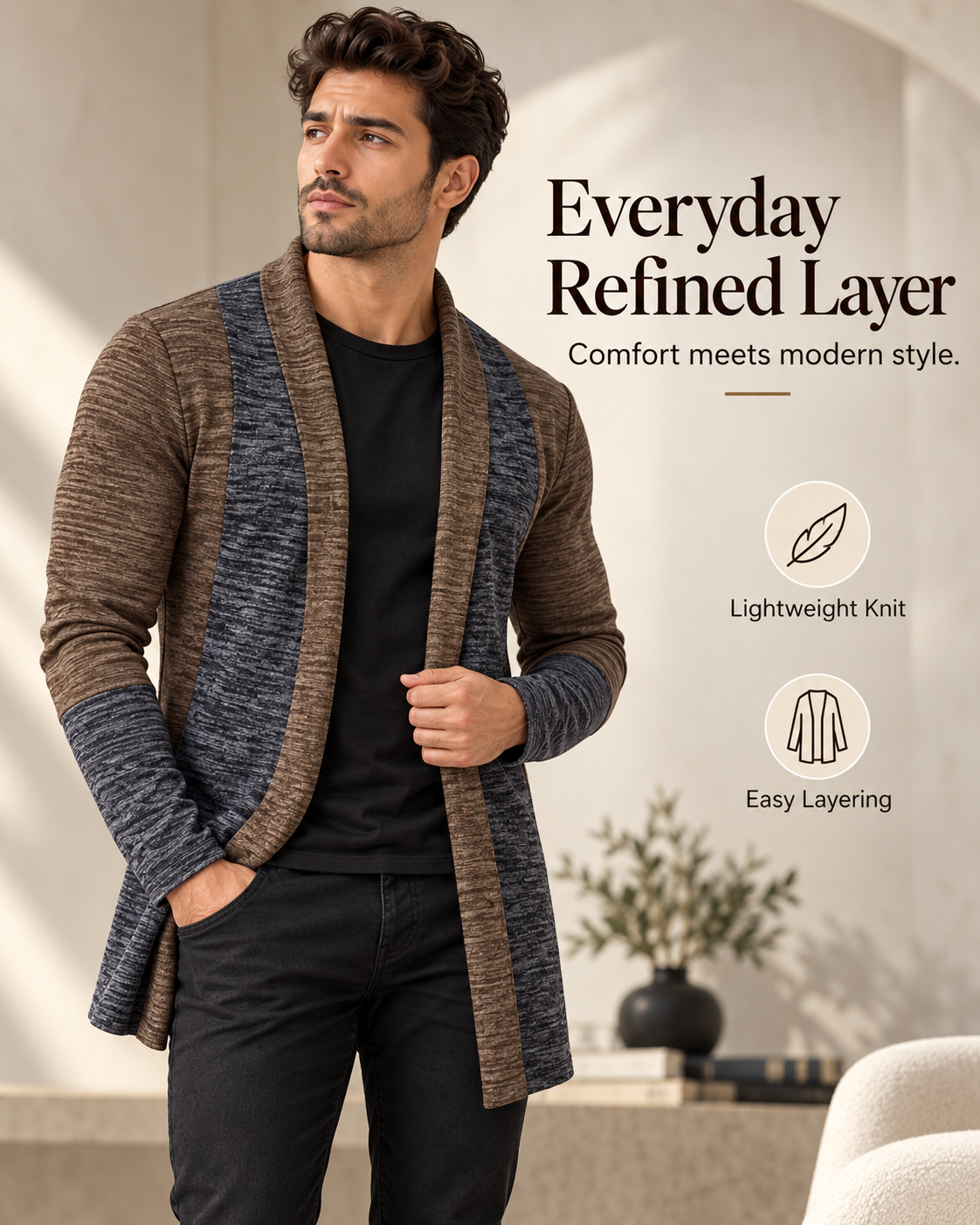 UrbanDrape™ Premium Contrast Knit Open-Front Cardigan     17 Sweater