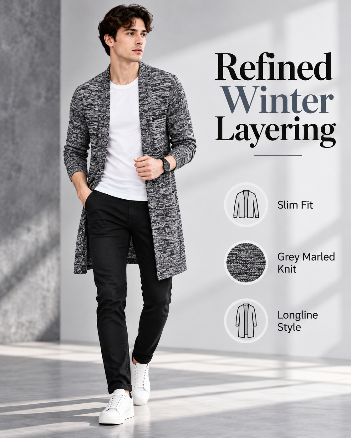 Men’s Premium Grey Marled Longline Open-Front Cardigan        25 Sweater