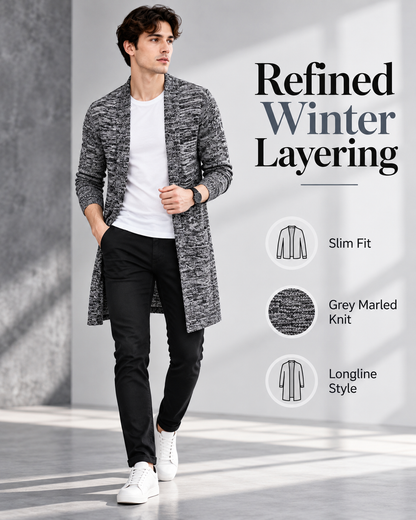 Men’s Premium Grey Marled Longline Open-Front Cardigan        25 Sweater