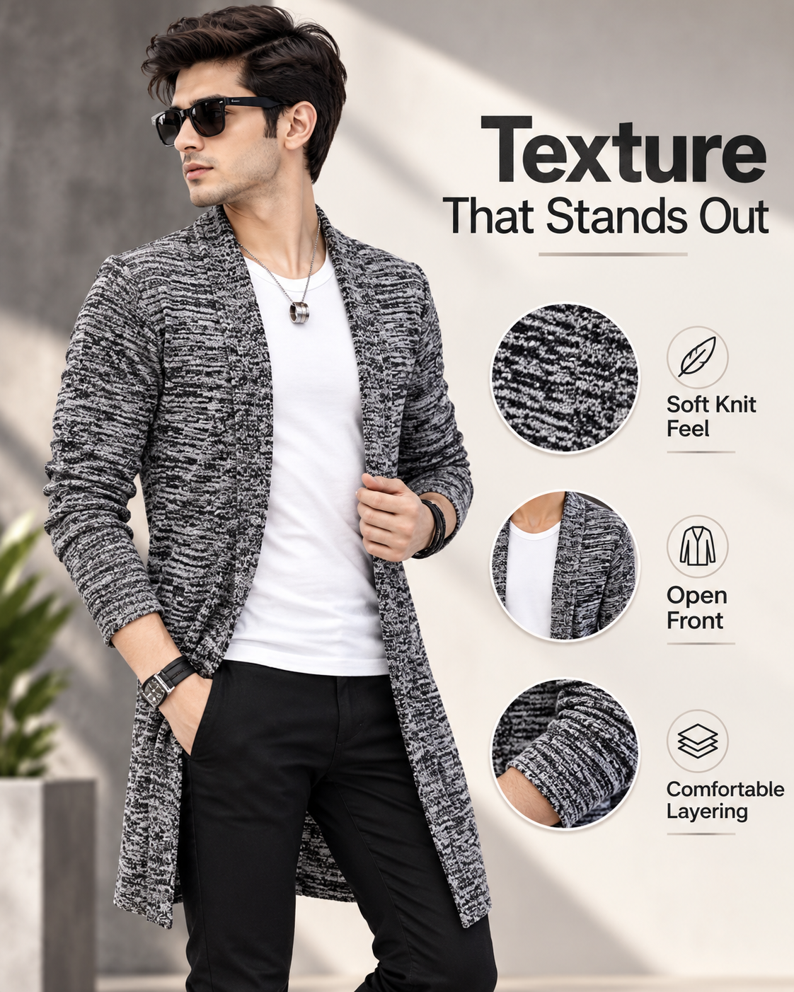 Men’s Premium Grey Marled Longline Open-Front Cardigan        25 Sweater