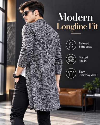 Men’s Premium Grey Marled Longline Open-Front Cardigan        25 Sweater