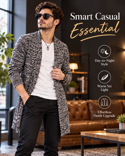 Men’s Premium Grey Marled Longline Open-Front Cardigan        25 Sweater