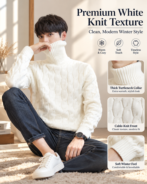 Men’s Premium Ivory White Cable Knit Turtleneck       26 Sweater
