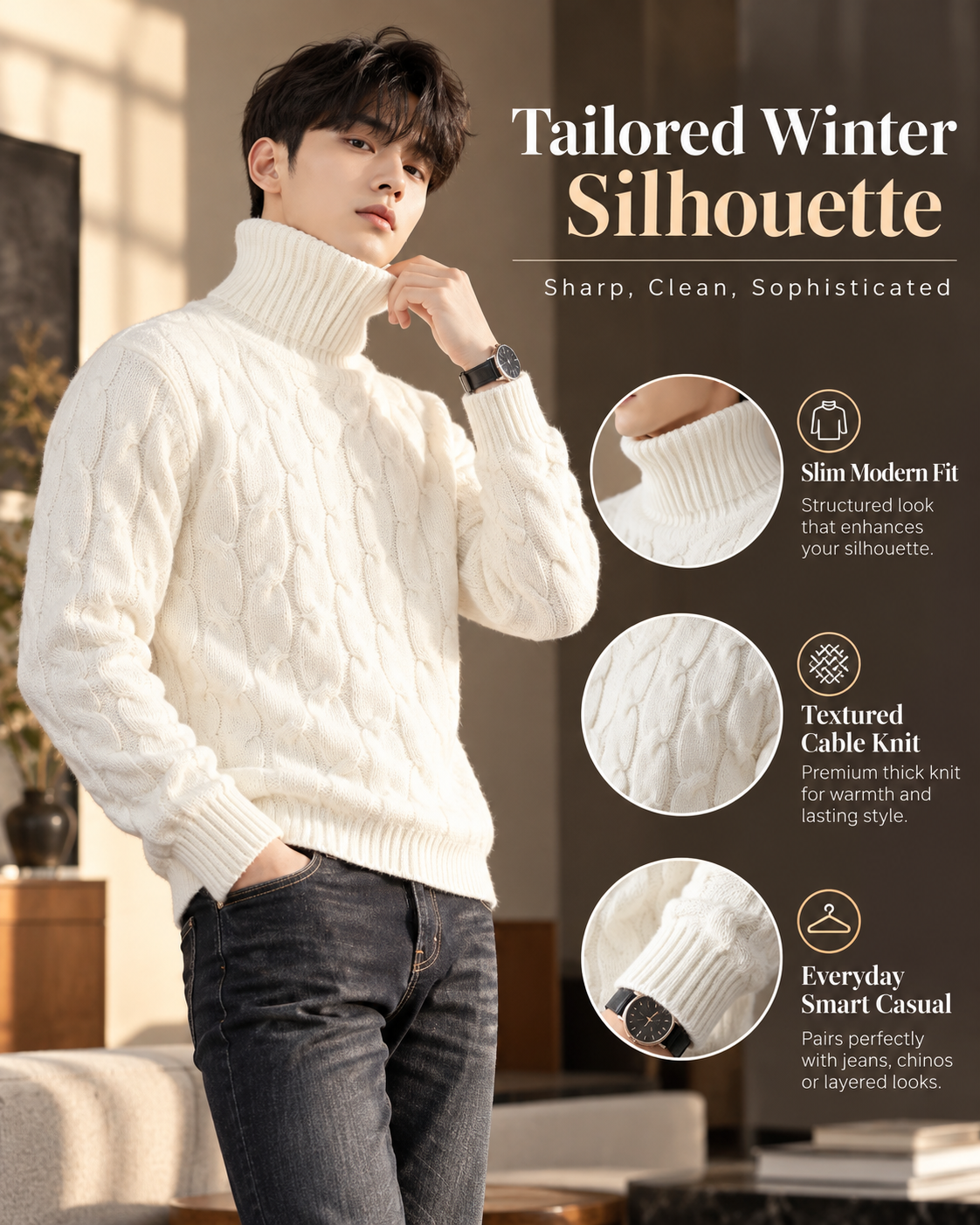 Men’s Premium Ivory White Cable Knit Turtleneck       26 Sweater