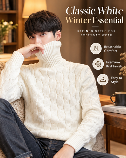 Men’s Premium Ivory White Cable Knit Turtleneck       26 Sweater