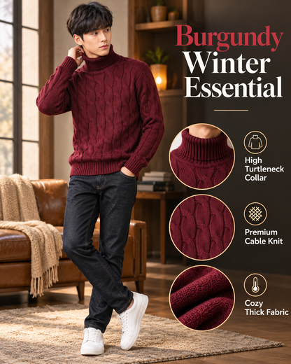 Men’s Premium Burgundy Cable Knit Turtleneck         27 Sweater