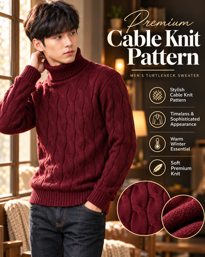 Men’s Premium Burgundy Cable Knit Turtleneck         27 Sweater