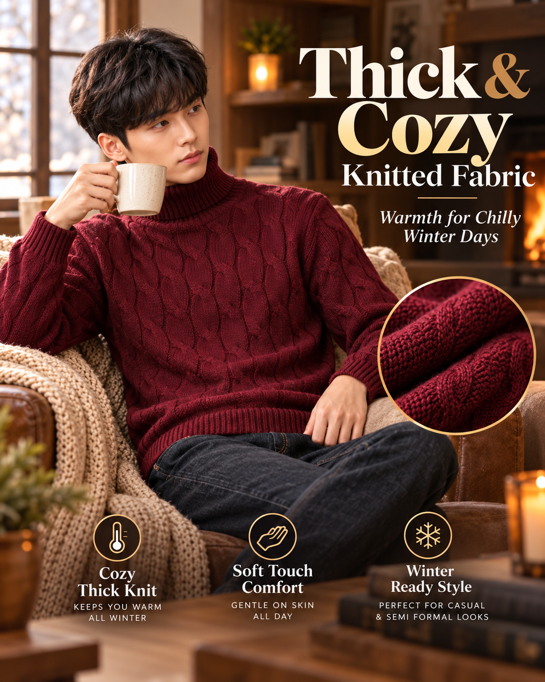 Men’s Premium Burgundy Cable Knit Turtleneck         27 Sweater