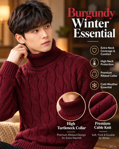 Men’s Premium Burgundy Cable Knit Turtleneck         27 Sweater