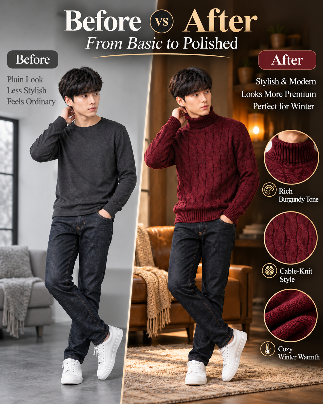 Men’s Premium Burgundy Cable Knit Turtleneck         27 Sweater
