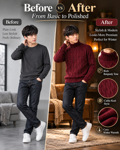 Men’s Premium Burgundy Cable Knit Turtleneck         27 Sweater