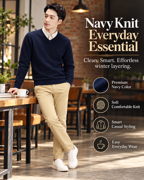 Men’s Premium Navy Blue V-Neck Slim Fit Knitted          28 Sweater