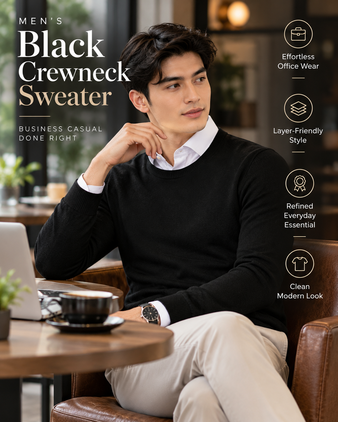 Men’s Premium Jet Black Crew Neck Knitted         31  Sweater