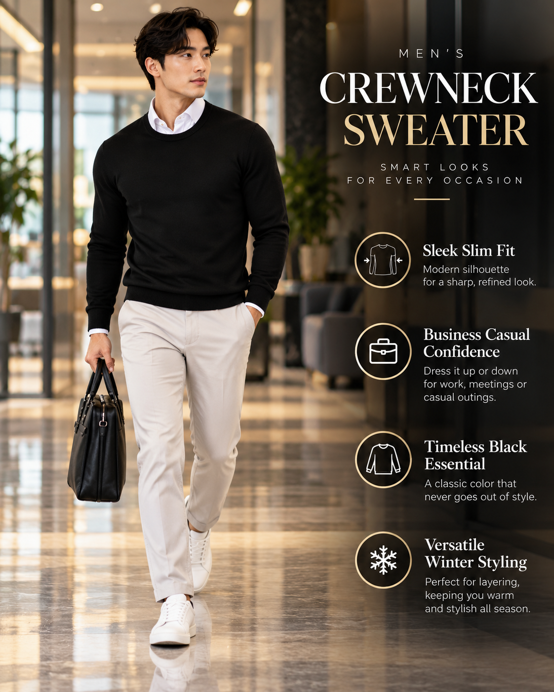 Men’s Premium Jet Black Crew Neck Knitted         31  Sweater