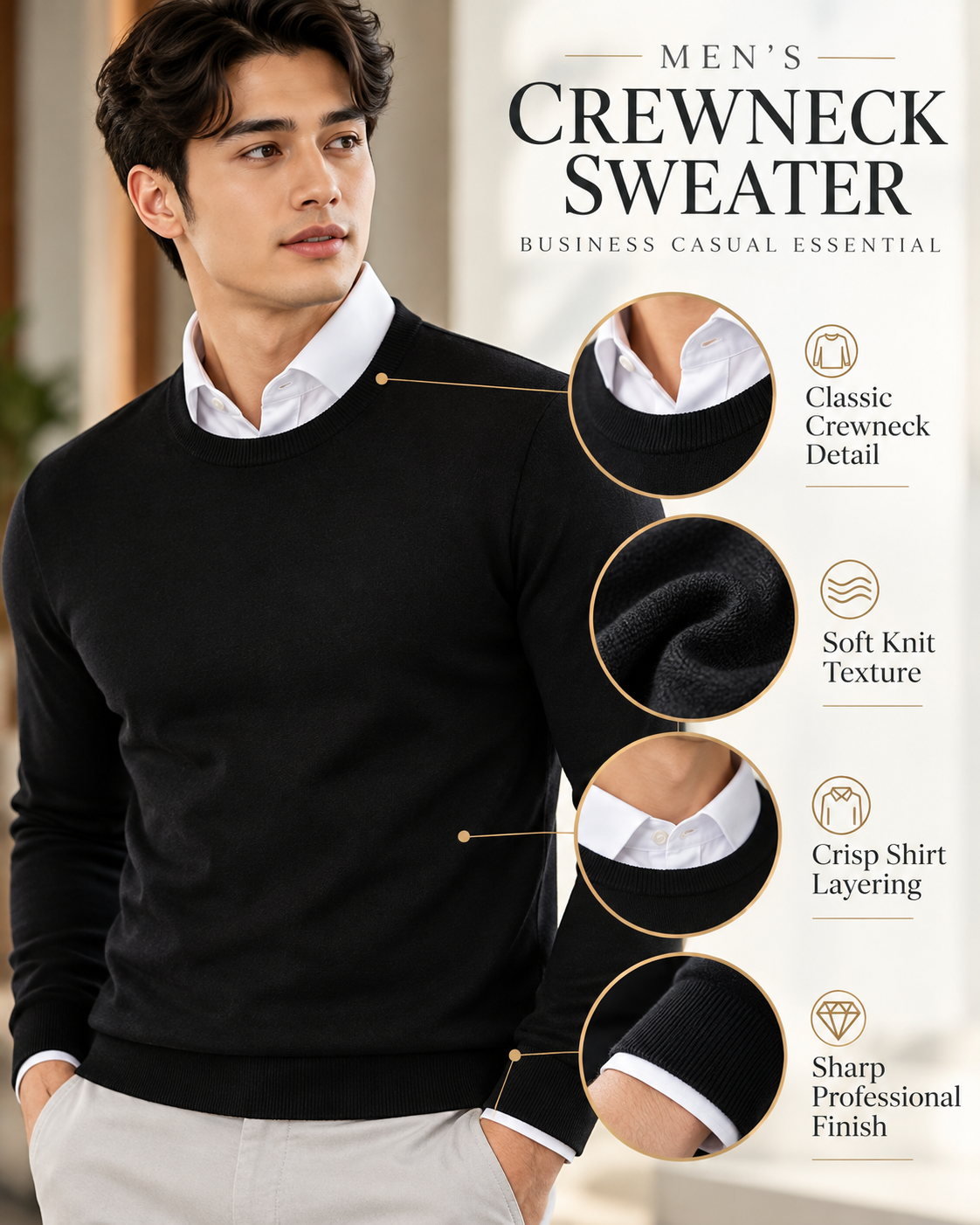 Men’s Premium Jet Black Crew Neck Knitted         31  Sweater