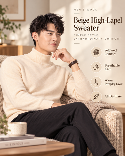 Men’s Premium Cream Beige Turtleneck Knitted            32 Sweater