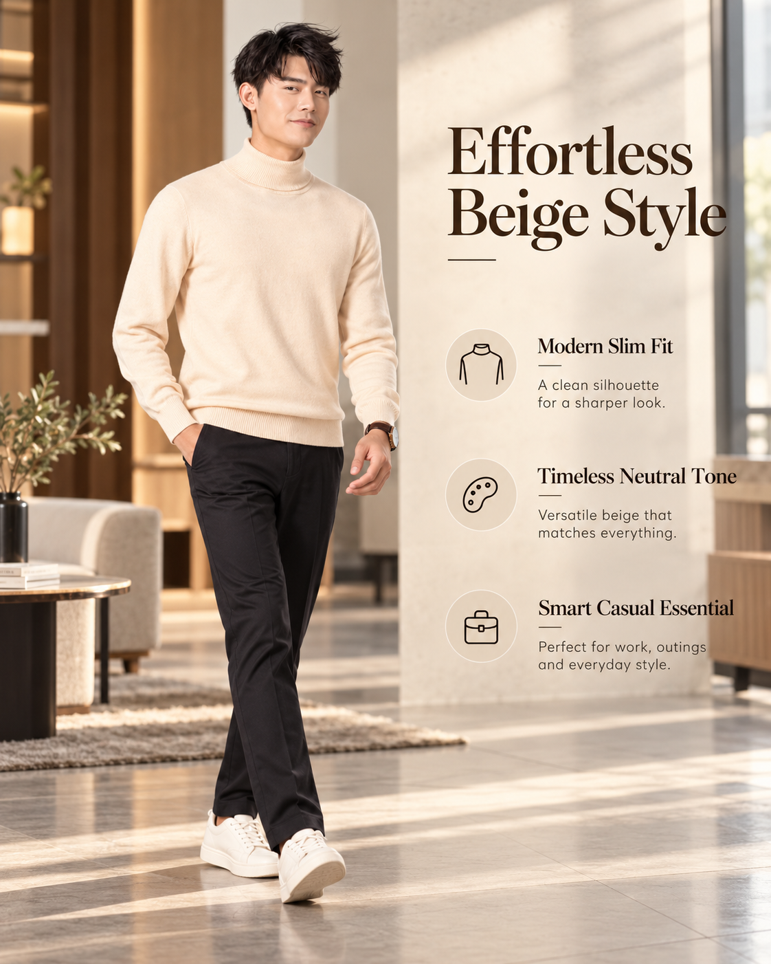 Men’s Premium Cream Beige Turtleneck Knitted            32 Sweater