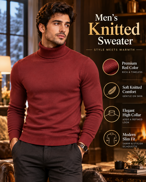 Men’s Premium Burgundy Red Turtleneck Knitted                33 Sweater