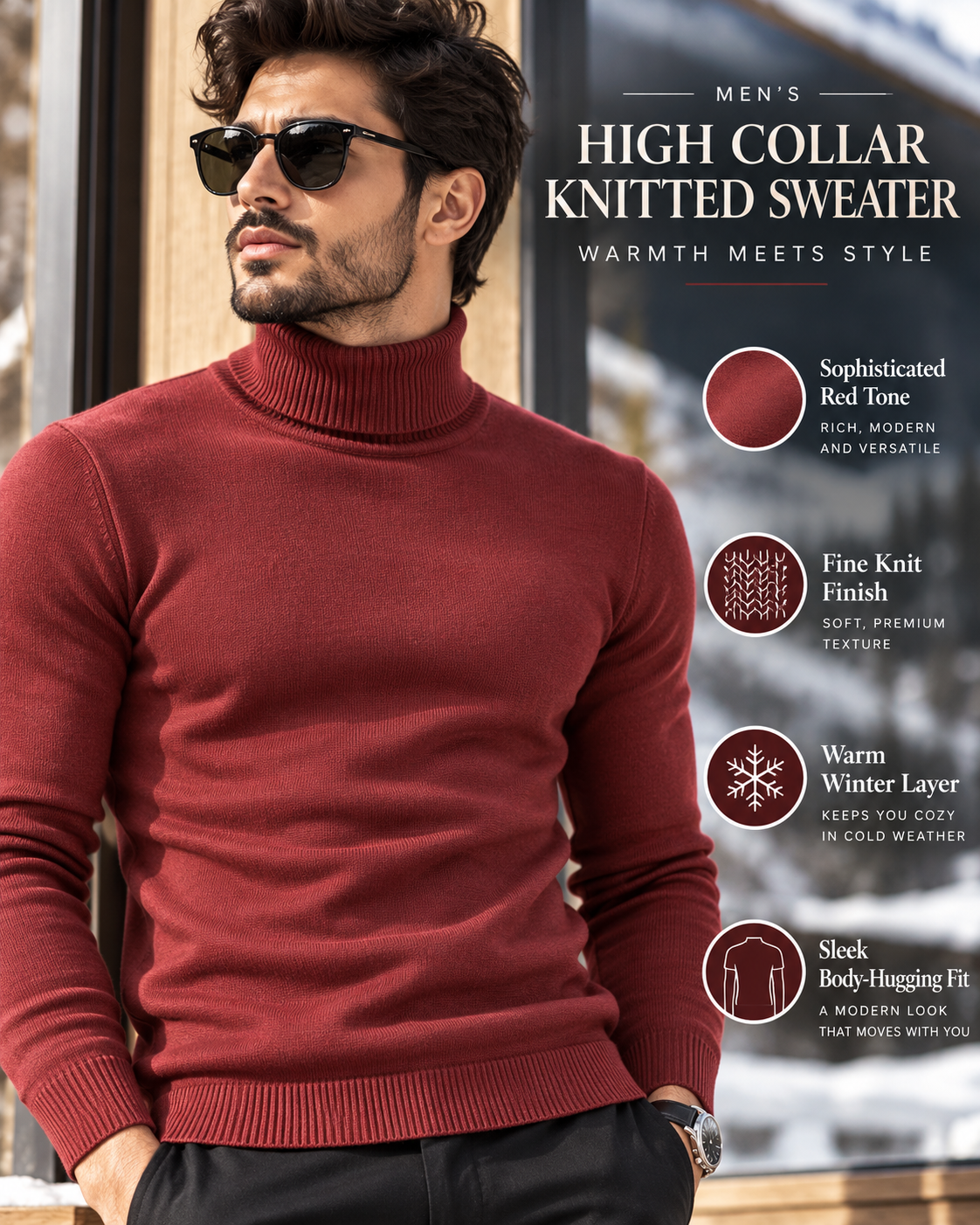 Men’s Premium Burgundy Red Turtleneck Knitted                33 Sweater