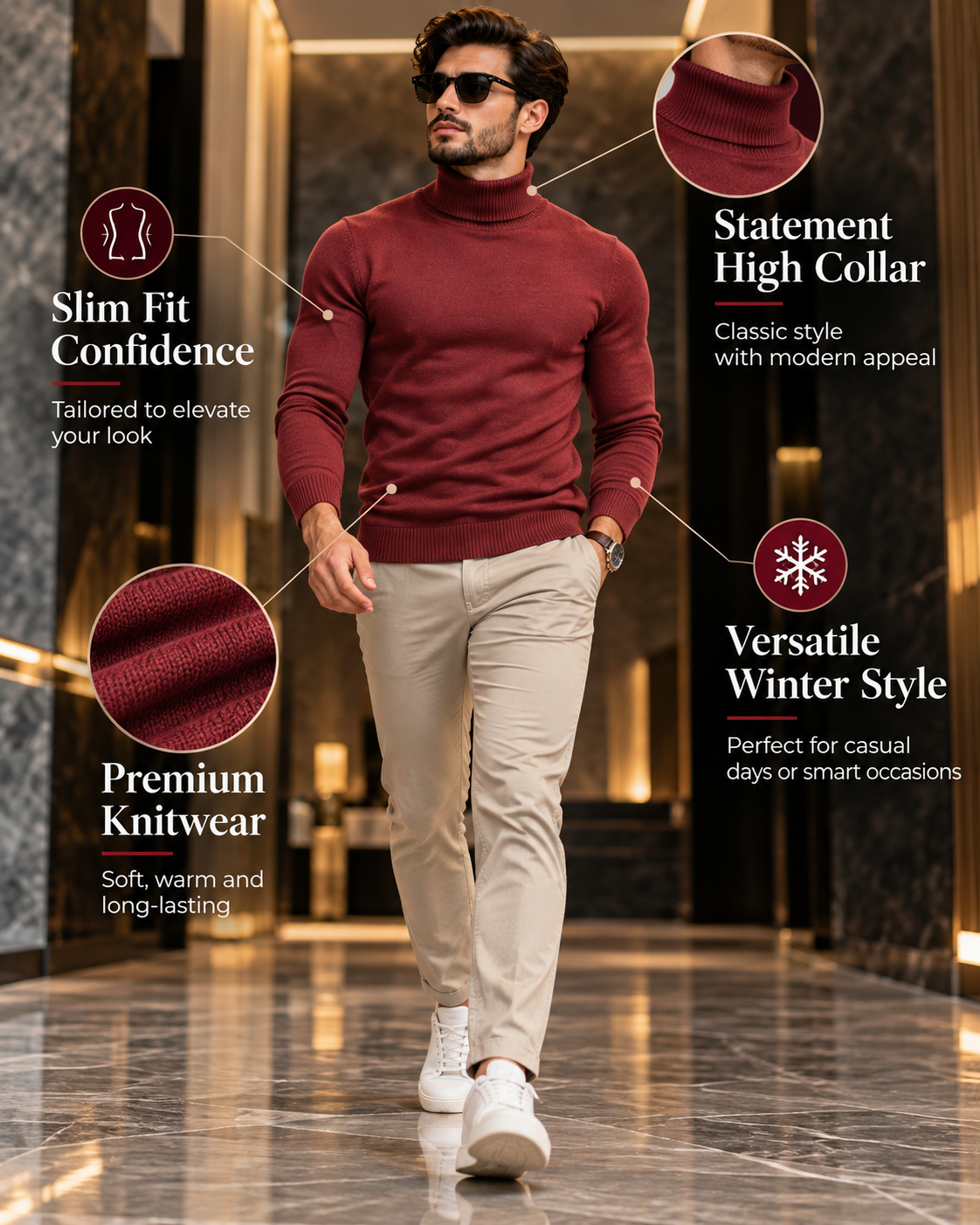 Men’s Premium Burgundy Red Turtleneck Knitted                33 Sweater