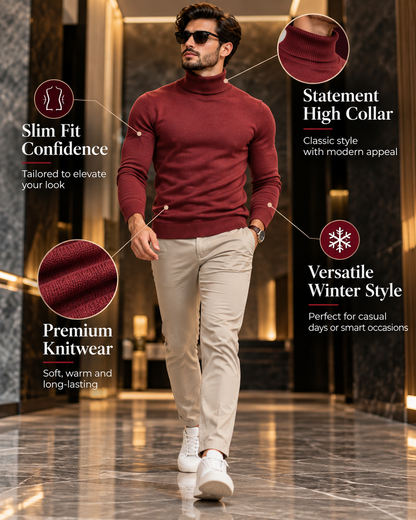 Men’s Premium Burgundy Red Turtleneck Knitted                33 Sweater