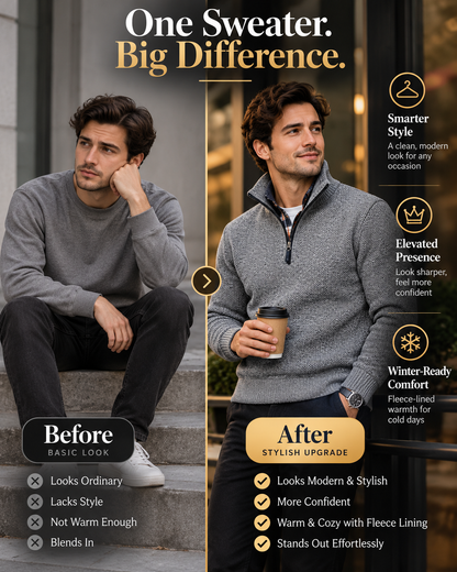Men’s Premium Grey Fleece-Lined Half-Zip Knitted              34 Sweater