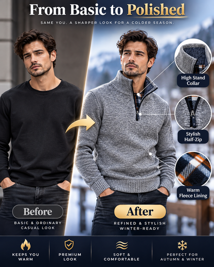 Men’s Premium Grey Fleece-Lined Half-Zip Knitted              34 Sweater