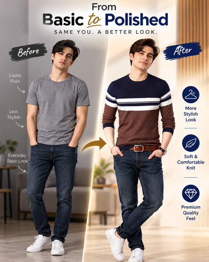 Men’s Premium Navy Blue & Brown Striped Crew Neck              35  Sweater
