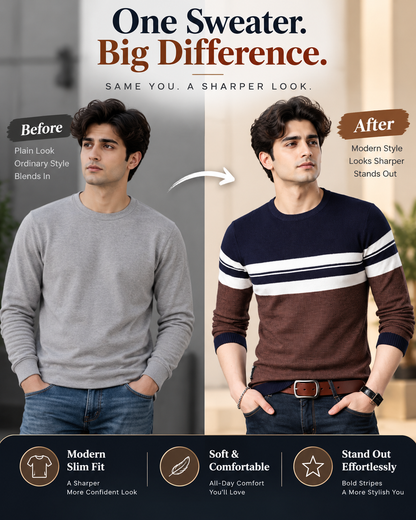 Men’s Premium Navy Blue & Brown Striped Crew Neck              35  Sweater